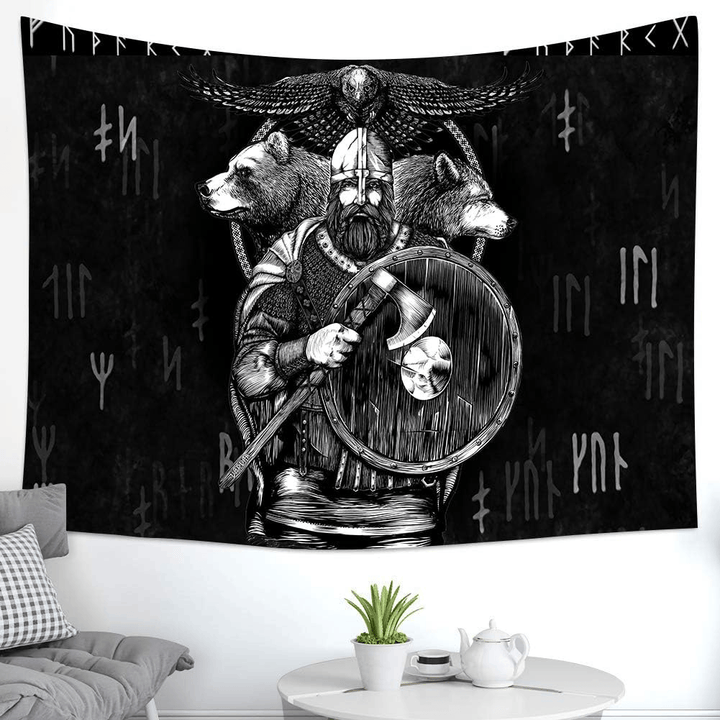 WorldNorse Wikinger Wächter Bär Wolf Raven Rune Wandteppich - image 1