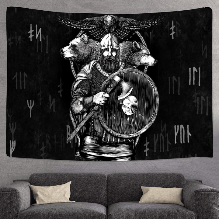 WorldNorse Wikinger Wächter Bär Wolf Raven Rune Wandteppich - image 3