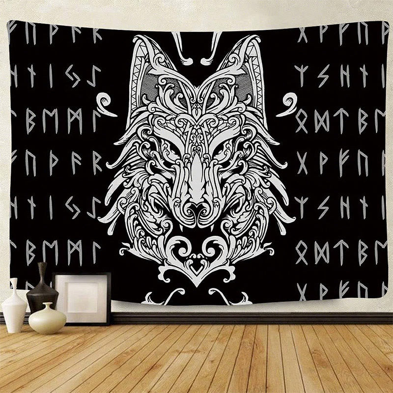 WorldNorse Wandteppich Nordisches Filigran- Wolf -Totem - Wölfe - 180 x 320 cm - image 0