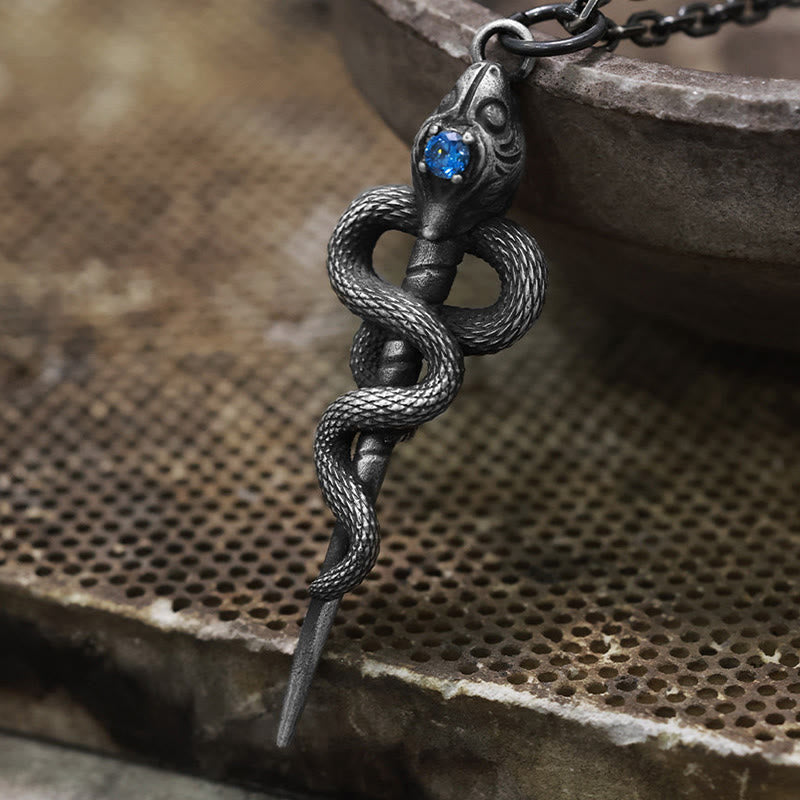 WorldNorse Handgefertigte Halskette aus 999er Silber mit Schlangenstab und blauem Edelstein - image 2