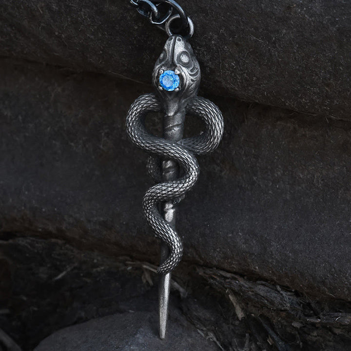 WorldNorse Handgefertigte Halskette aus 999er Silber mit Schlangenstab und blauem Edelstein - Mit 55 cm langer silberner Diamantkette - image 0