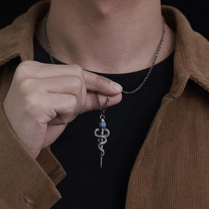 WorldNorse Handgefertigte Halskette aus 999er Silber mit Schlangenstab und blauem Edelstein - image 5