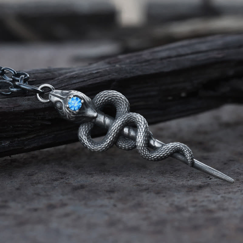 WorldNorse Handgefertigte Halskette aus 999er Silber mit Schlangenstab und blauem Edelstein - image 3