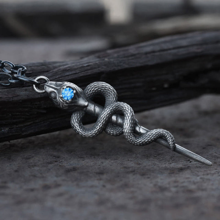 WorldNorse Handgefertigte Halskette aus 999er Silber mit Schlangenstab und blauem Edelstein - image 3