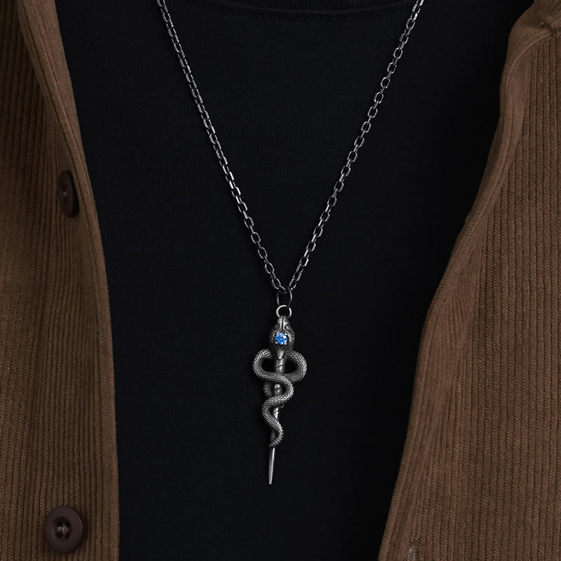 WorldNorse Handgefertigte Halskette aus 999er Silber mit Schlangenstab und blauem Edelstein - image 1