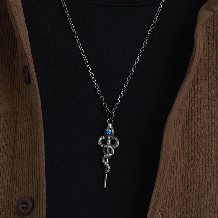 WorldNorse Handgefertigte Halskette aus 999er Silber mit Schlangenstab und blauem Edelstein - image 1