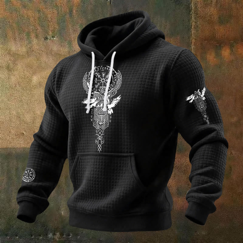 WorldNorse Norse Twin Ravens Compass Waffle Hoodie - Schwarz - US/UK/AU48, EU58 (4XL) - image 0
