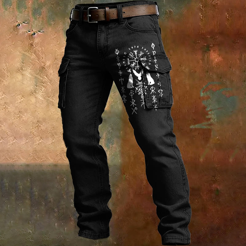 WorldNorse Norse Raven Silhouette Rune Cargo Pants - Schwarz - US/UK/AU50, EU60 (5XL) - image 0