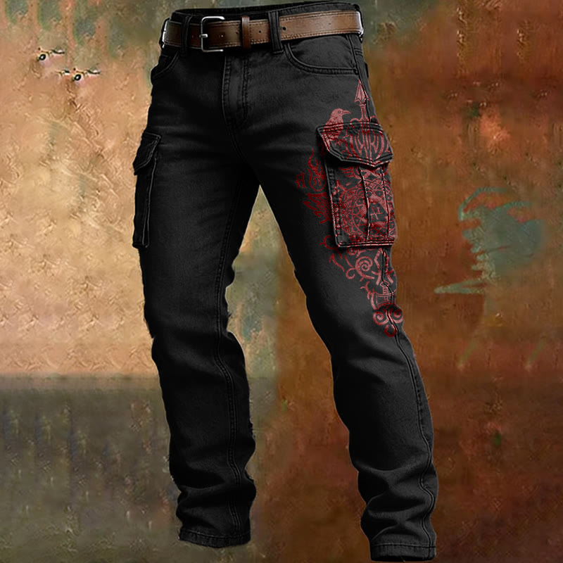 WorldNorse Viking Red Raven Rune Cargo Pants - Schwarz - US/UK/AU50, EU60 (5XL) - image 2