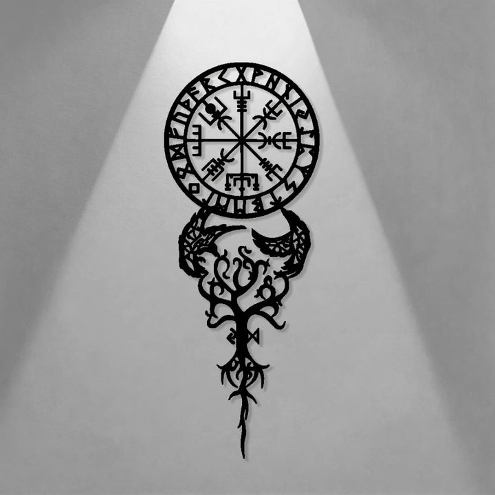WorldNorse Odinischer Kompass Raven Yggdrasil Rune Metall Wanddeko - image 0