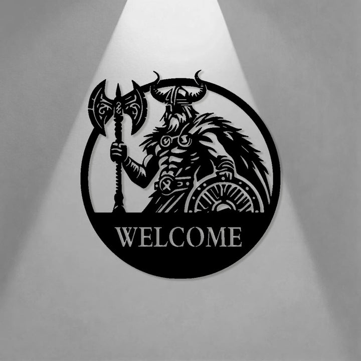 WorldNorse Wikingerkrieger Axt Schild Totem Willkommen Metall Wanddekoration - image 0