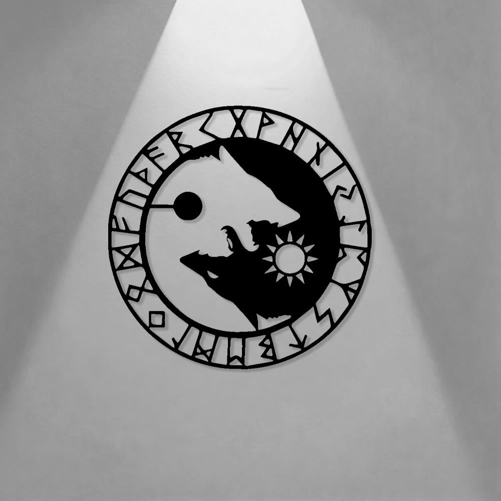 WorldNorse Sonne Mond Wölfe Stab Rune Metall Wanddeko - image 0