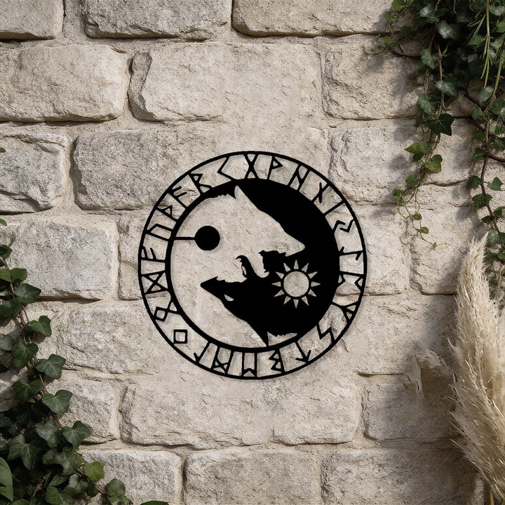 WorldNorse Sonne Mond Wölfe Stab Rune Metall Wanddeko - image 4