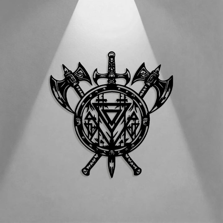 WorldNorse Valknut Schild Axt Schwert Metall Wanddekoration - image 0