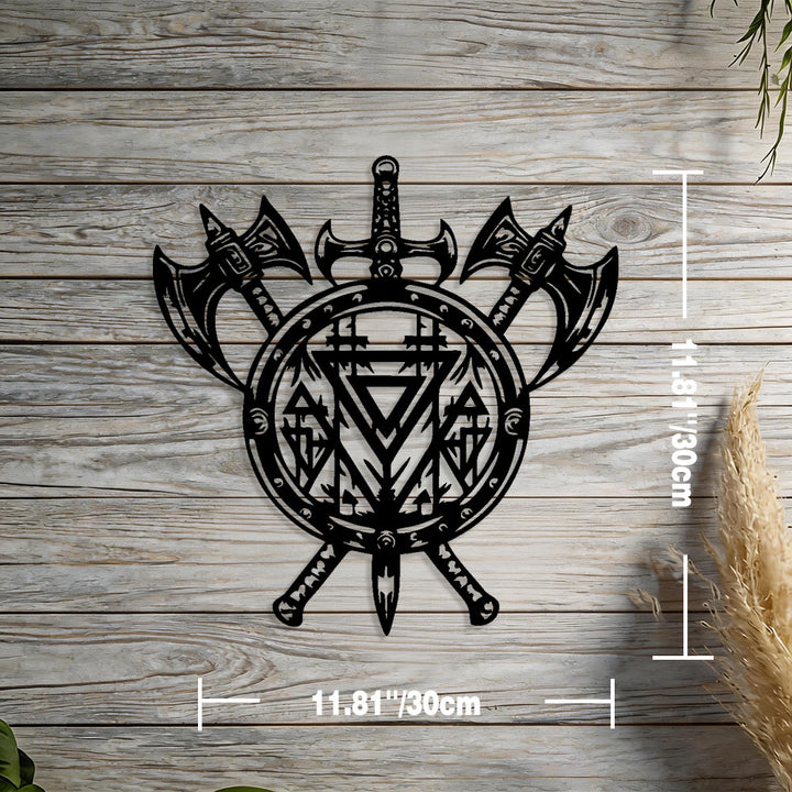 WorldNorse Valknut Schild Axt Schwert Metall Wanddekoration - Schwarz - 11,81''*11,81''/30*30cm - image 1