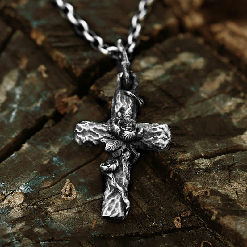 Handgefertigte Dornenkreuz-Rosen-Halskette aus 999er Silber von WorldNorse - 55 cm lange Silberkette - image 0