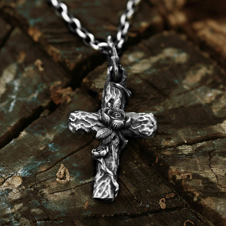 Handgefertigte Dornenkreuz-Rosen-Halskette aus 999er Silber von WorldNorse - 55 cm lange Silberkette - image 0
