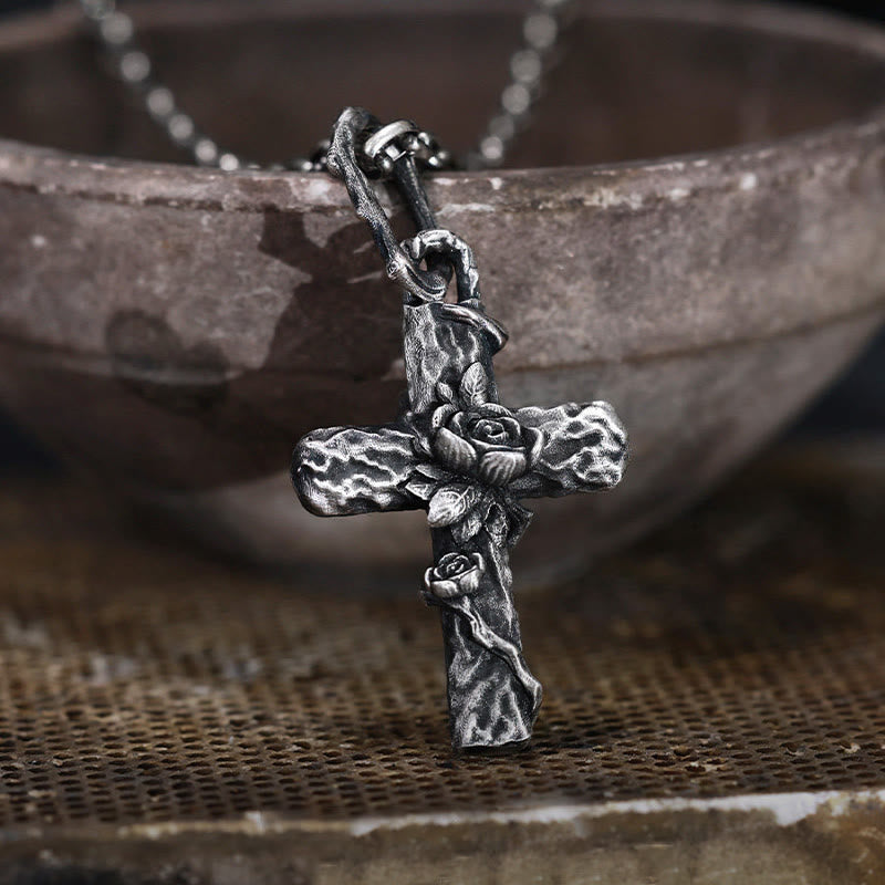 Handgefertigte Dornenkreuz-Rosen-Halskette aus 999er Silber von WorldNorse - image 3