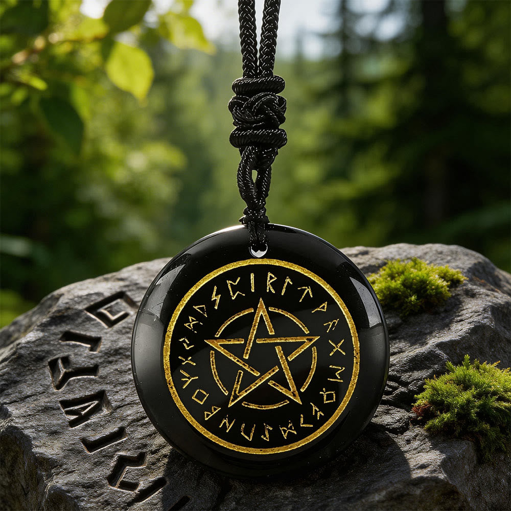 WorldNorse Pentakel- Rune Schutzkristall-Halskette - Schwarzer Obsidian - image 2