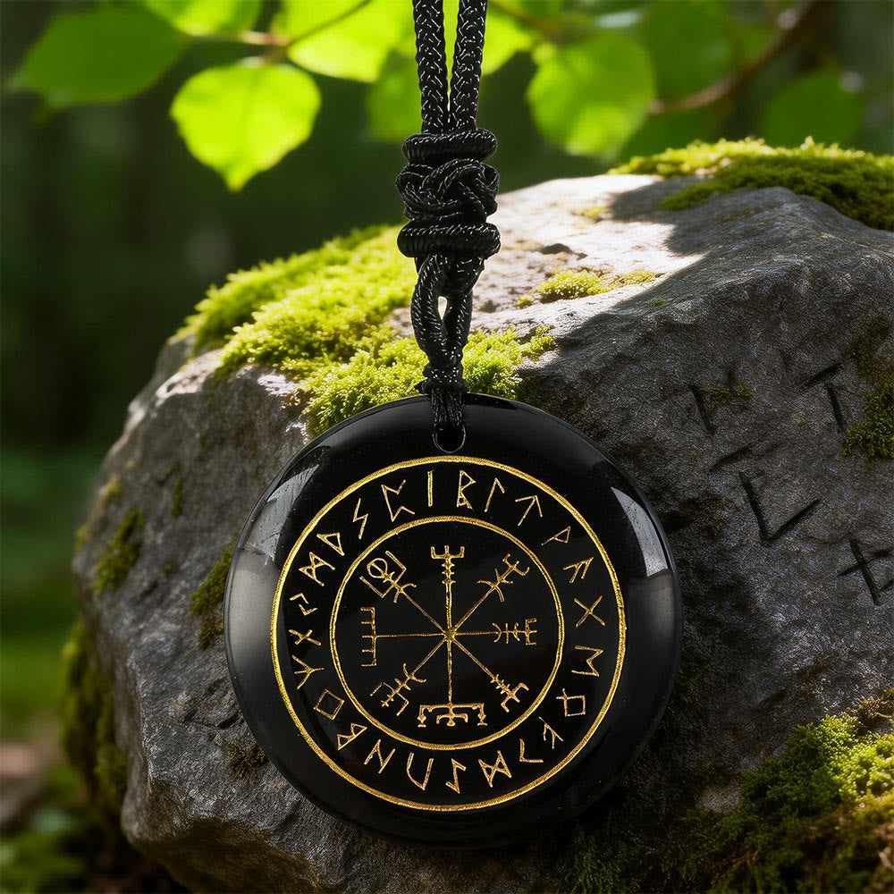 WorldNorse Vegvisir Rune -Leitkristall-Halskette - Schwarzer Obsidian - image 3