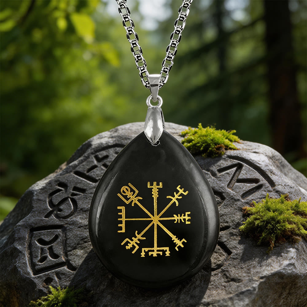 WorldNorse Viking Vegvisir Reise Schutzkristallkette - Schwarzer Obsidian - image 1