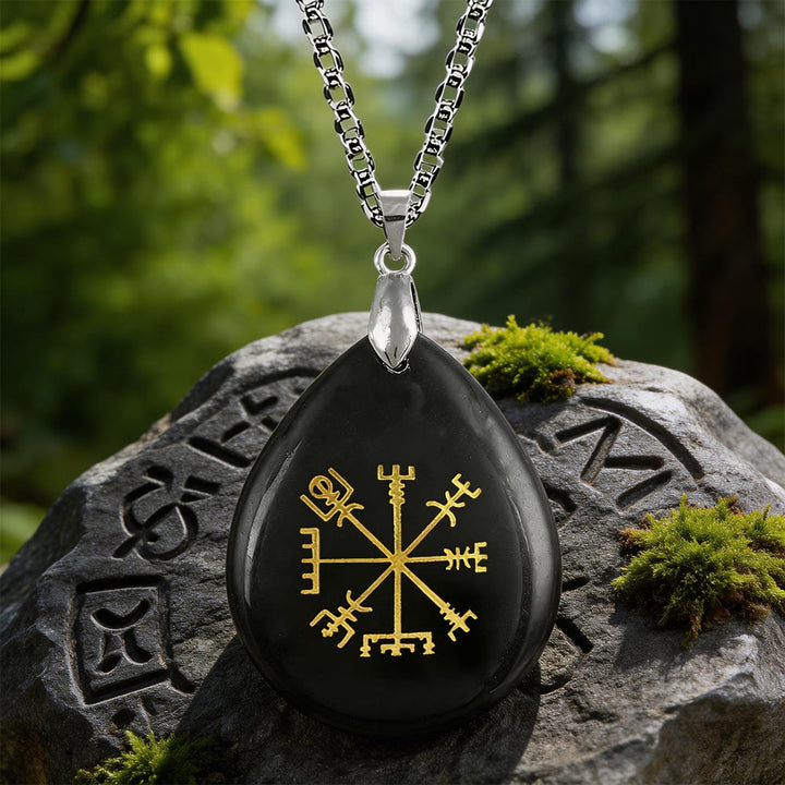 WorldNorse Viking Vegvisir Reise Schutzkristallkette - Schwarzer Obsidian - image 1