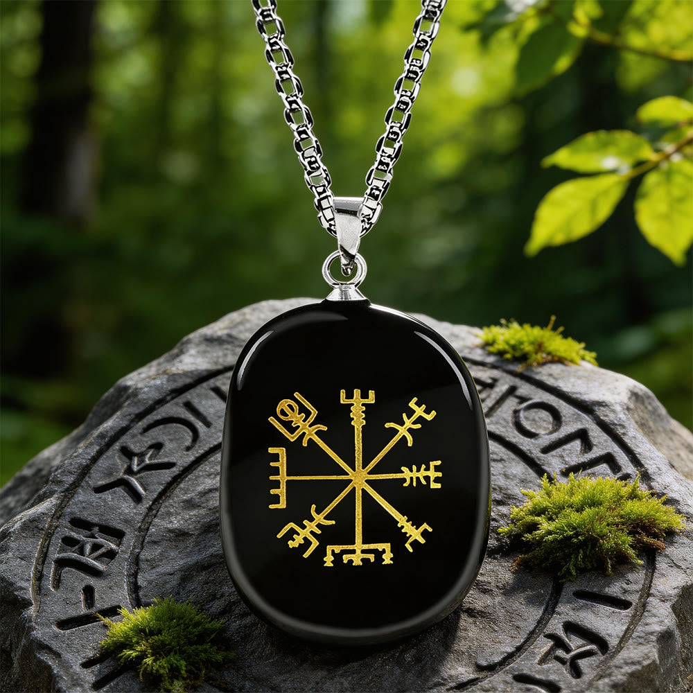 WorldNorse Vegvisir Runenkompass-Kristallkette - Schwarzer Obsidian - image 1