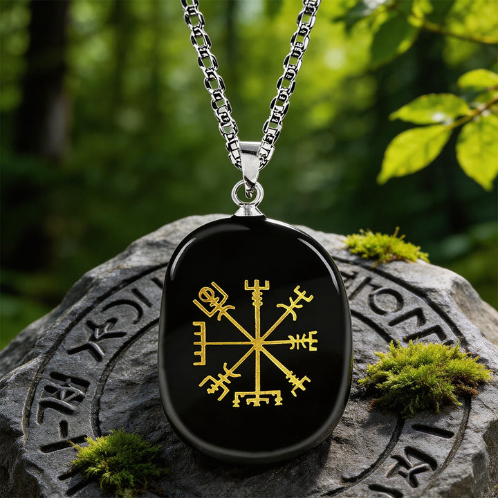 WorldNorse Vegvisir Runenkompass-Kristallkette - Schwarzer Obsidian - image 1