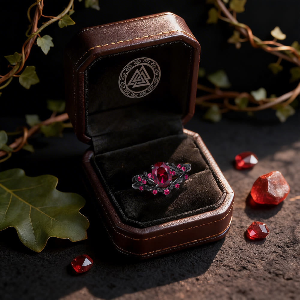 WorldNorse Dark Romance Rubin-Schwarzblatt-Ring-Set - image 4