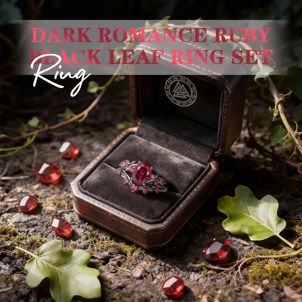 WorldNorse Dark Romance Rubin-Schwarzblatt-Ring-Set - image 2