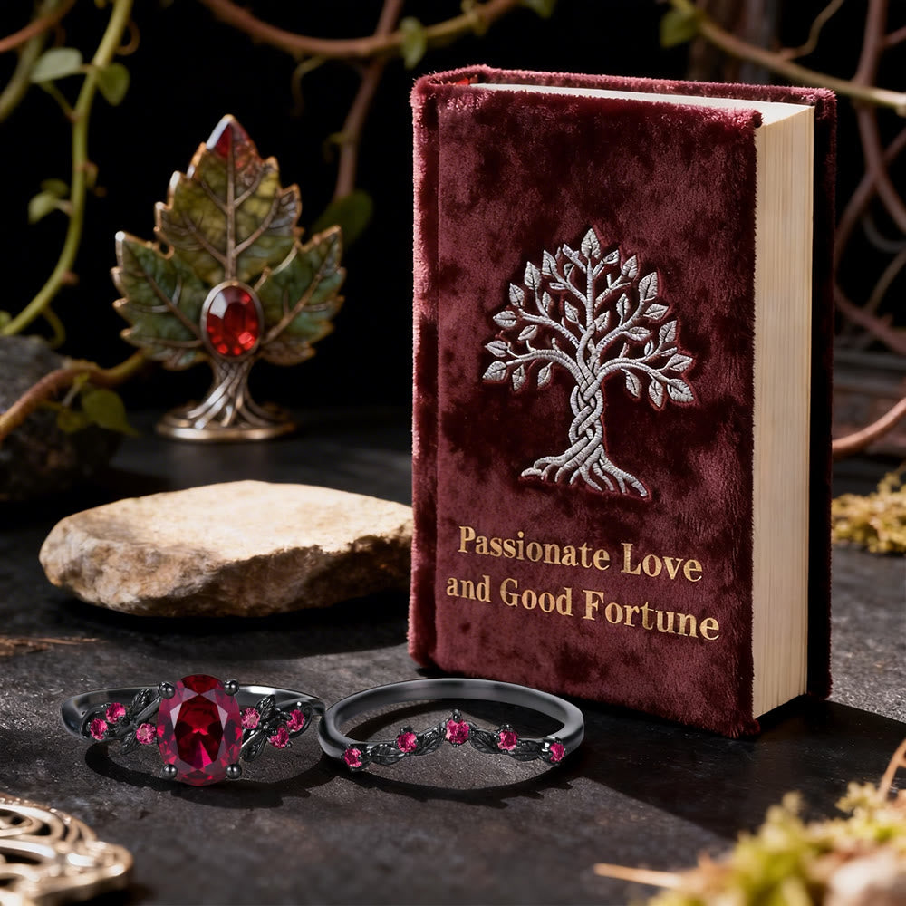 WorldNorse Dark Romance Rubin-Schwarzblatt-Ring-Set - image 3