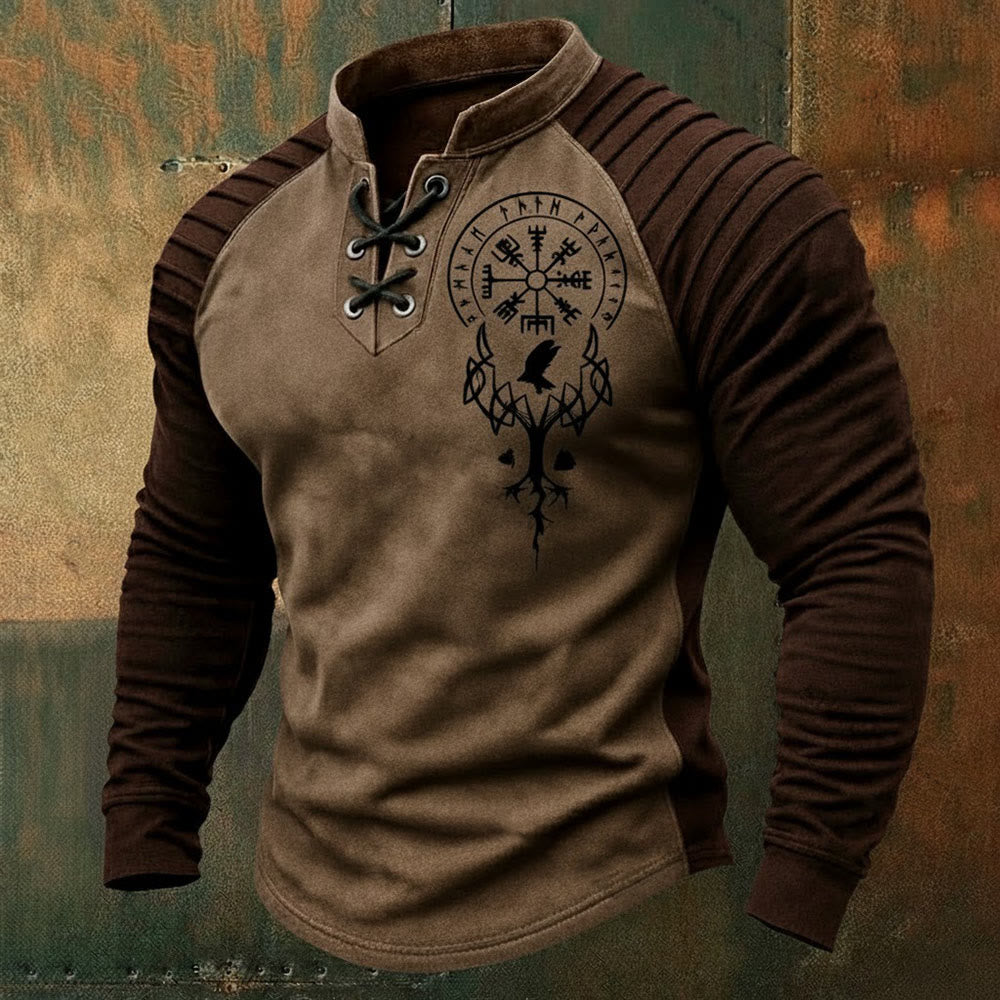 WorldNorse Yggdrasil Vegvisir Raven Schnür-Henley-Shirt - Khaki - US/UK/AU50, EU60 (5XL) - image 0