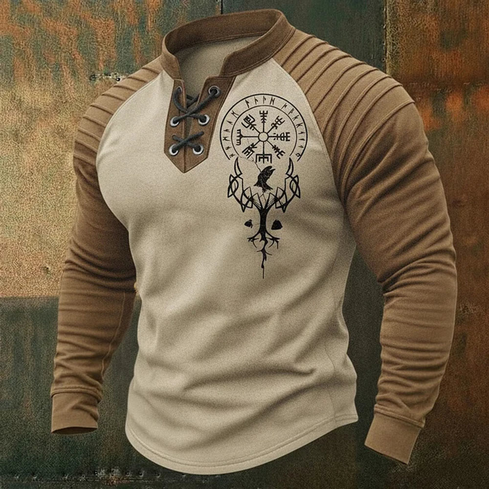 WorldNorse Yggdrasil Vegvisir Raven Schnür-Henley-Shirt - Beige - US/UK/AU50, EU60 (5XL) - image 6