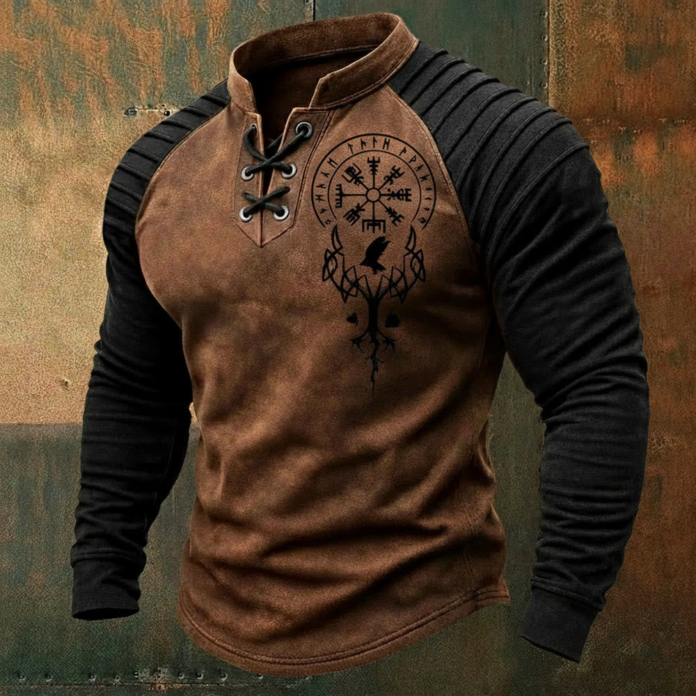 WorldNorse Yggdrasil Vegvisir Raven Schnür-Henley-Shirt - Braun - US/UK/AU50, EU60 (5XL) - image 1