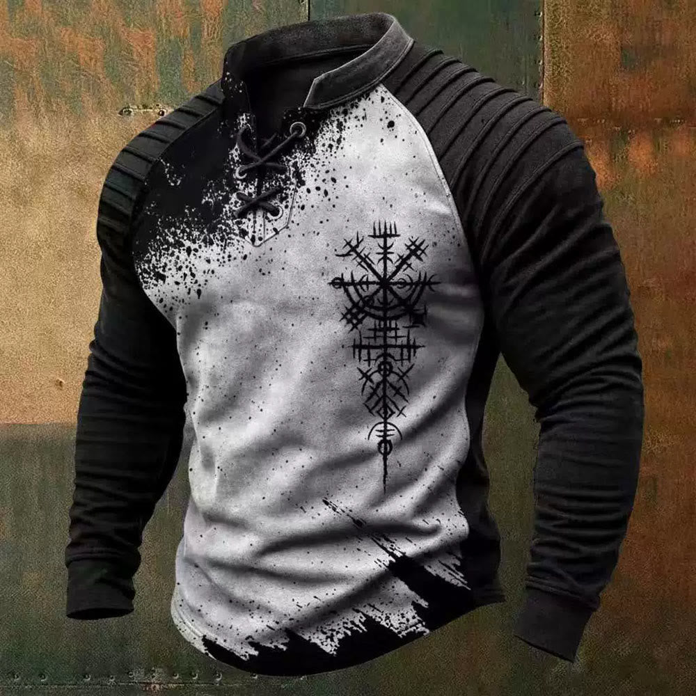 WorldNorse Viking Vegvisir Compass Ink Splash Lace-up Henley Shirt - US/UK/AU50, EU60 (5XL) - image 0