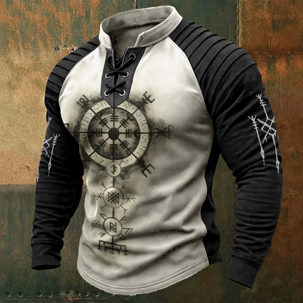 WorldNorse Nordic Vegvisir Compass Rune Totem Lace-up Henley Shirt - US/UK/AU50, EU60 (5XL) - image 0