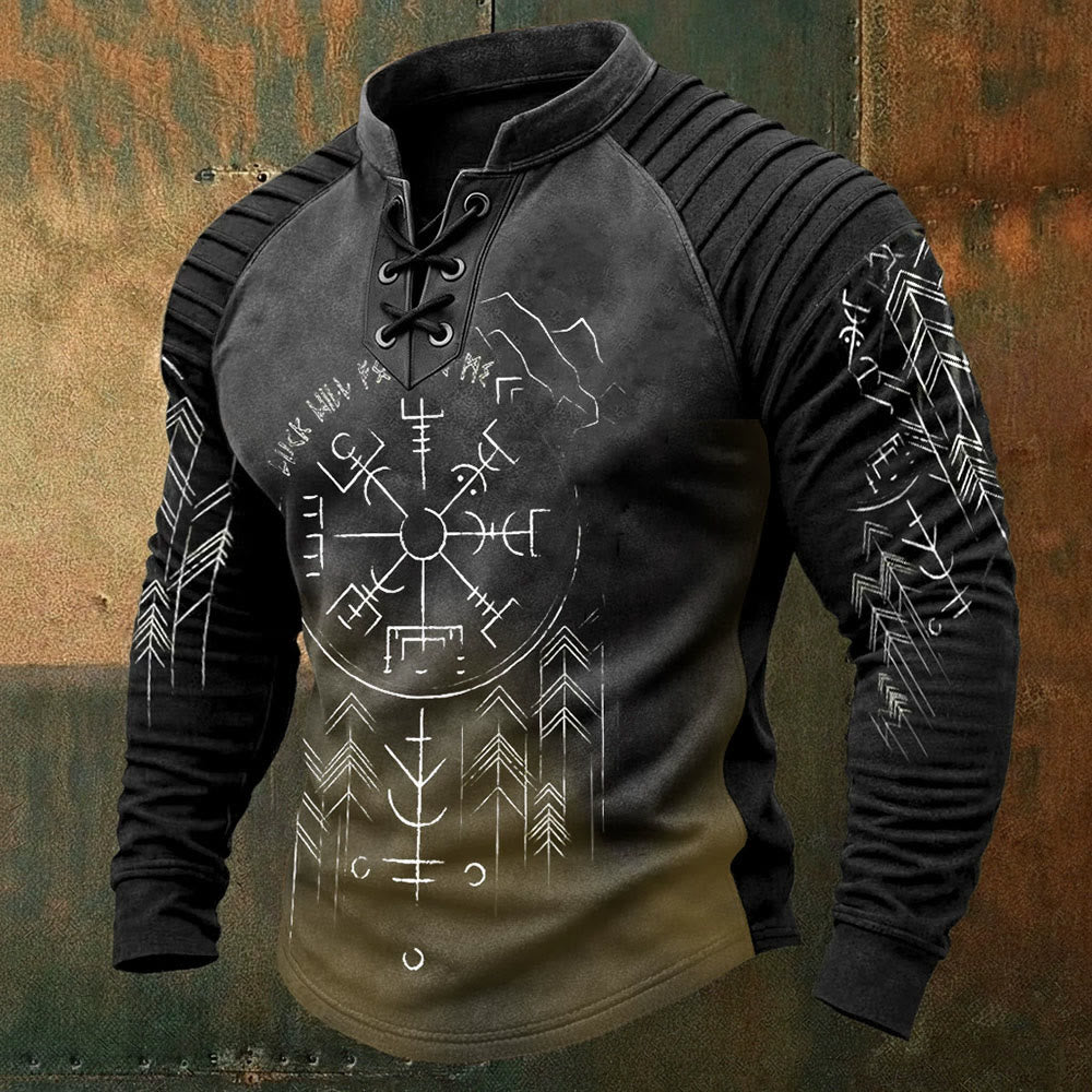 WorldNorse Viking Vegvisir Runic Mountain Lace-up Henley Shirt - US/UK/AU50, EU60 (5XL) - image 0