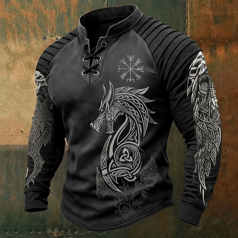 WorldNorse Nordischer Drache Vegvisir Triquetra Keltischer Knoten Lace-up Henley Shirt - US/UK/AU50, EU60 (5XL) - image 0