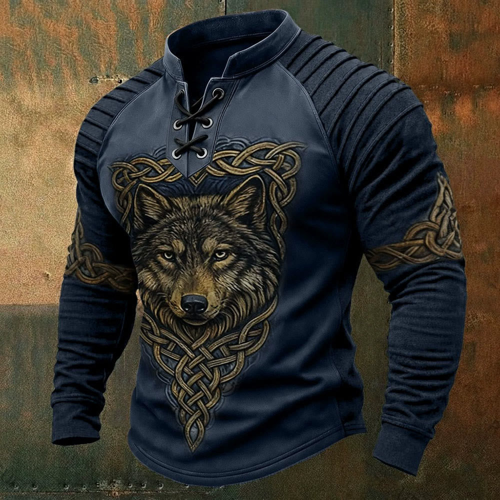 WorldNorse Viking Wolf Celtic Woven Knot Totem Lace-up Henley Shirt - US/UK/AU50, EU60 (5XL) - image 0