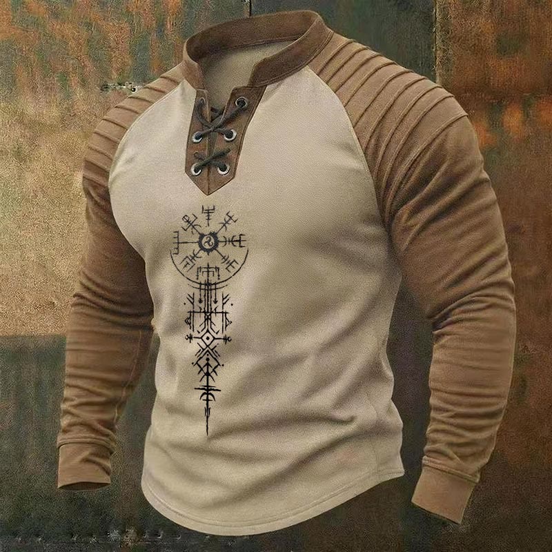 WorldNorse Ancient Norse Vegvisir Triskelion Lace-up Henley Shirt - Beige - US/UK/AU50, EU60 (5XL) - image 0