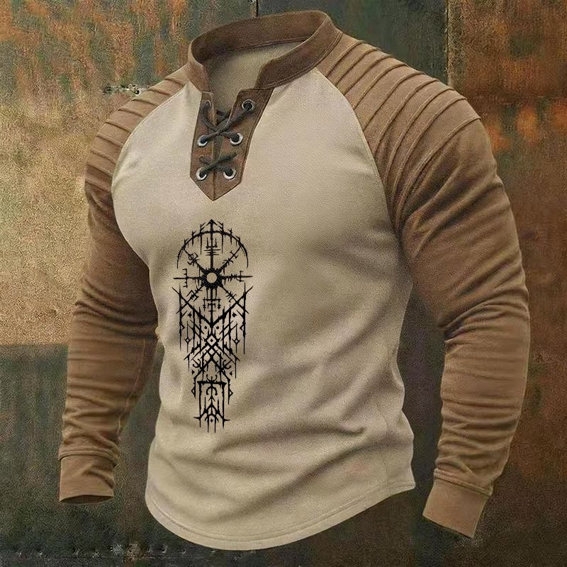 WorldNorse Viking Vegvisir Symmetrisches Dornen-Schnür-Henley-Shirt - Beige - US/UK/AU50, EU60 (5XL) - image 0