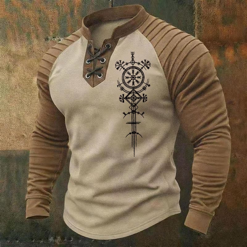 WorldNorse Ancient Norse Vegvisir Helm der Ehrfurcht Schnür-Henley-Shirt - Beige - US/UK/AU50, EU60 (5XL) - image 0