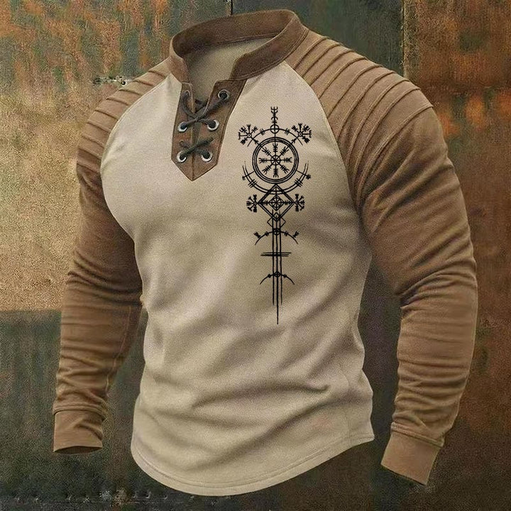 WorldNorse Ancient Norse Vegvisir Helm der Ehrfurcht Schnür-Henley-Shirt - Beige - US/UK/AU50, EU60 (5XL) - image 0