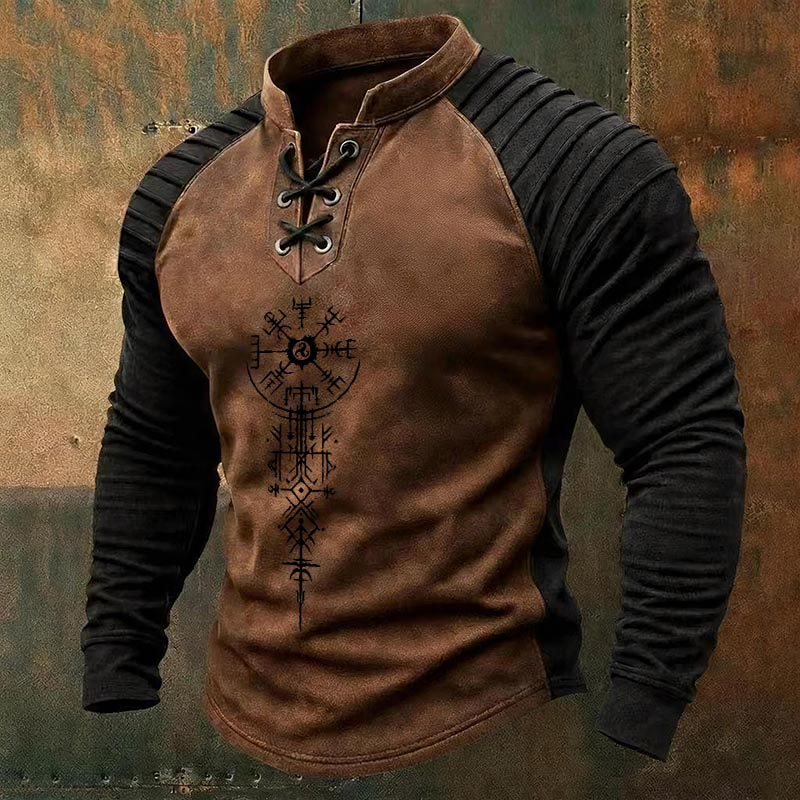 WorldNorse Ancient Norse Vegvisir Triskelion Lace-up Henley Shirt - Braun - US/UK/AU50, EU60 (5XL) - image 2