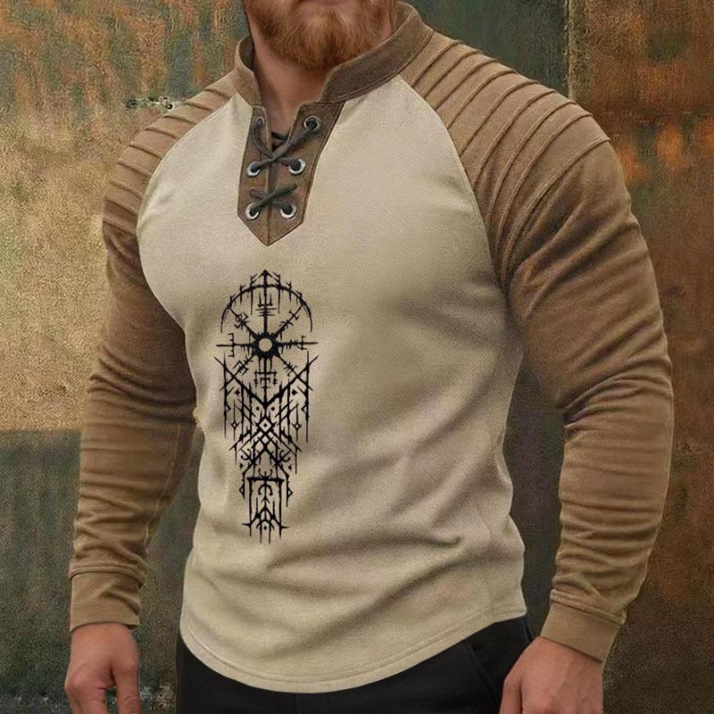 WorldNorse Viking Vegvisir Symmetrisches Dornen-Schnür-Henley-Shirt - image 1