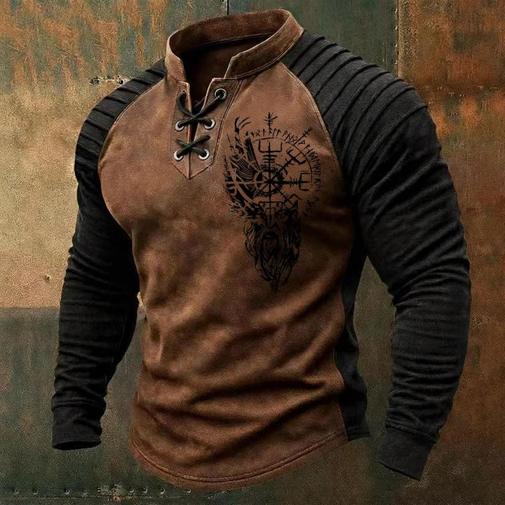WorldNorse Viking Raven Vegvisir Runic Lace-up Henley Shirt - Braun - US/UK/AU50, EU60 (5XL) - image 2