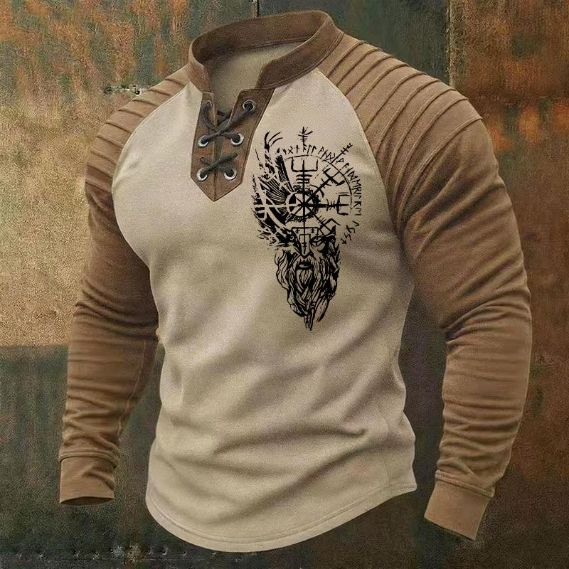 WorldNorse Viking Raven Vegvisir Runic Lace-up Henley Shirt - Beige - US/UK/AU50, EU60 (5XL) - image 0