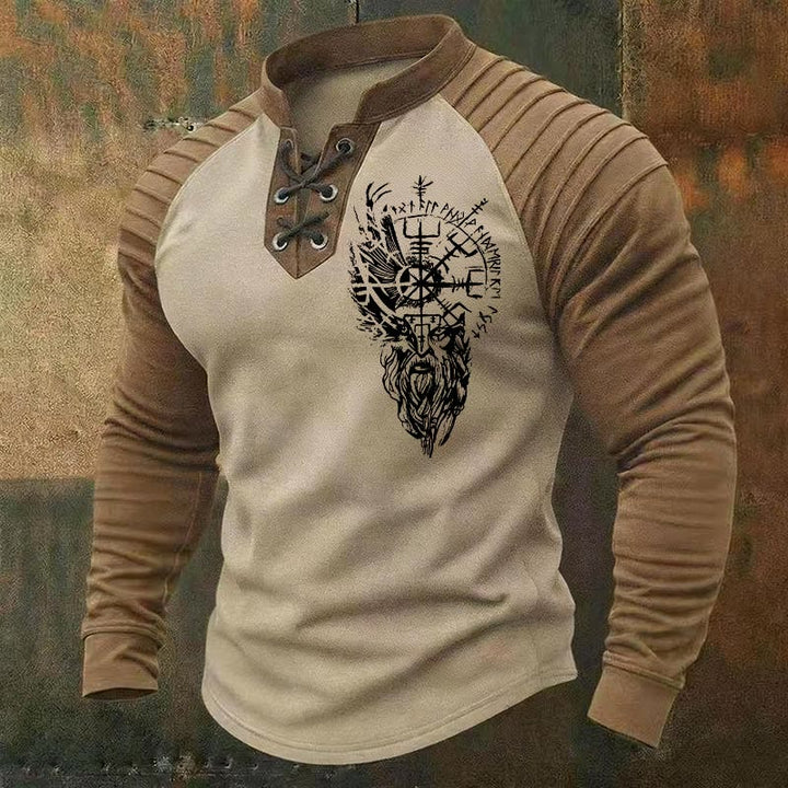 WorldNorse Viking Raven Vegvisir Runic Lace-up Henley Shirt - Beige - US/UK/AU50, EU60 (5XL) - image 0