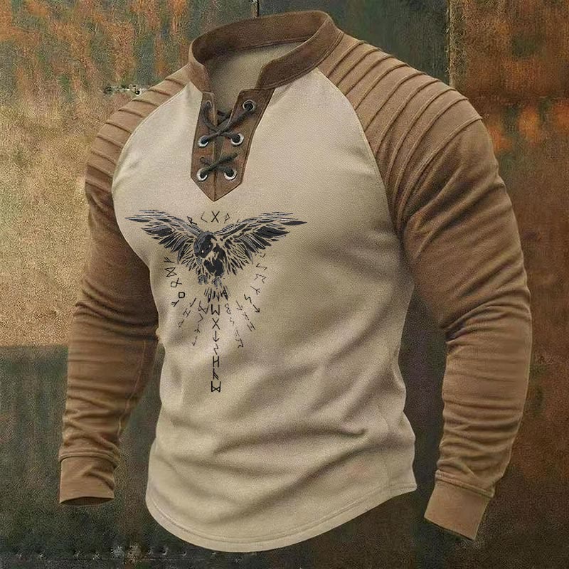WorldNorse Ancient Norse Raven Runic Winged Lace-up Henley Shirt - Beige - US/UK/AU50, EU60 (5XL) - image 2