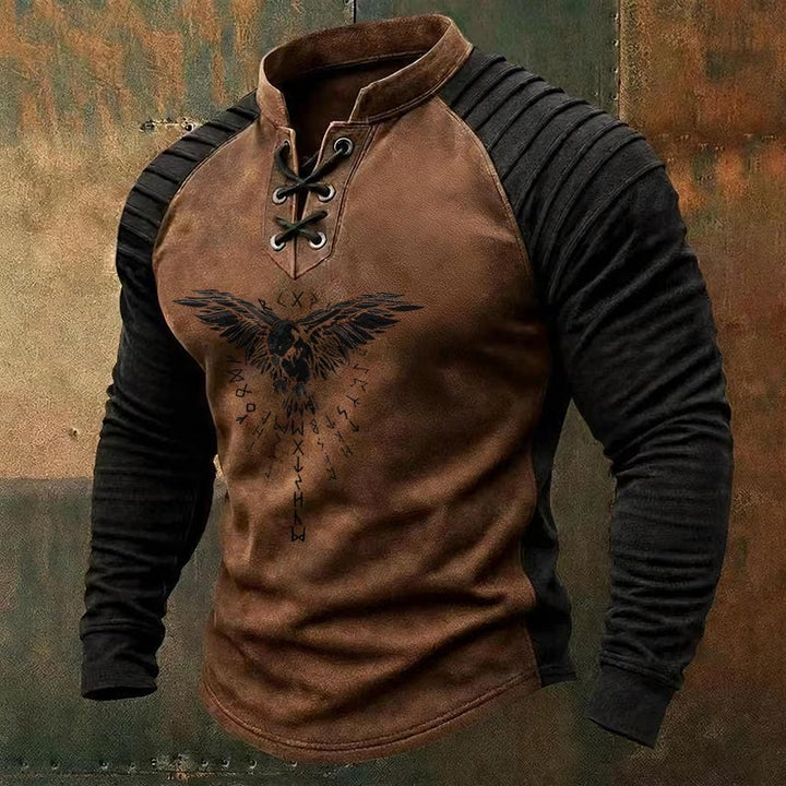 WorldNorse Ancient Norse Raven Runic Winged Lace-up Henley Shirt - Braun - US/UK/AU50, EU60 (5XL) - image 0